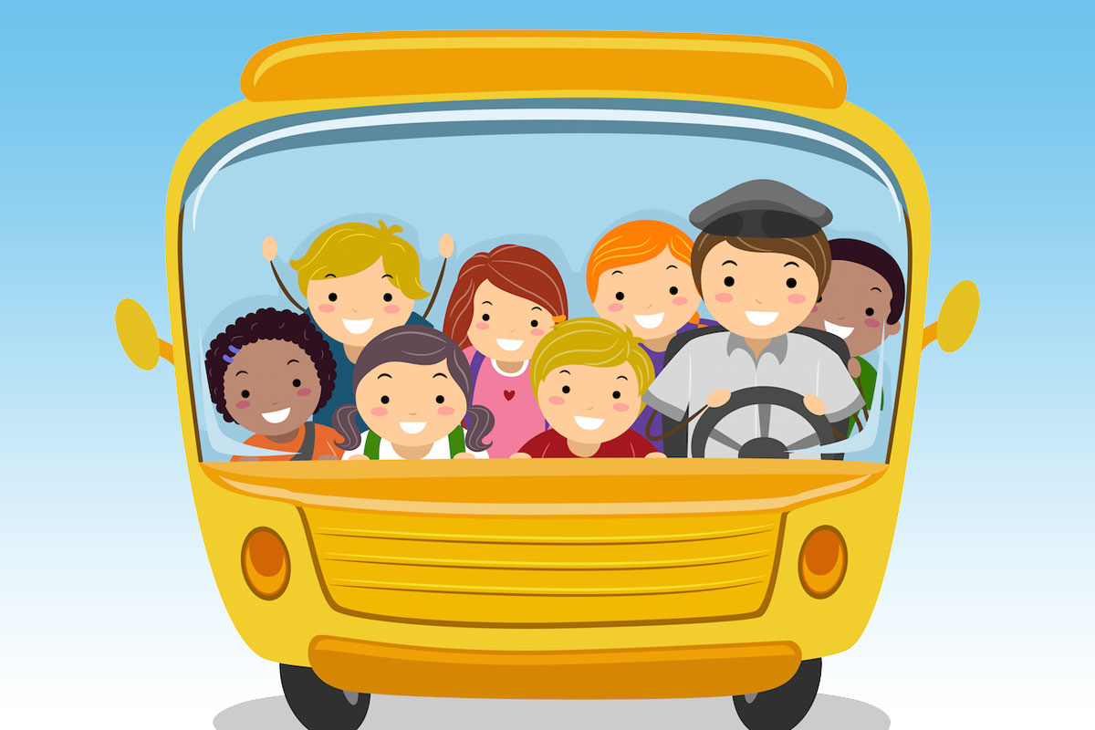 bambini sul pulmino che vanno a scuola