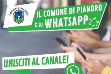 Locandina con mani che sorreggono dei telefoni cellulari e la scritta "il comune di Pianoro è su whatsapp, unisciti al canale"