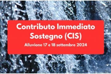 Cartello rosso con scritta "Contributo Immediato Sostegno (CIS) Alluvione 17 e 18 settembre 2024"